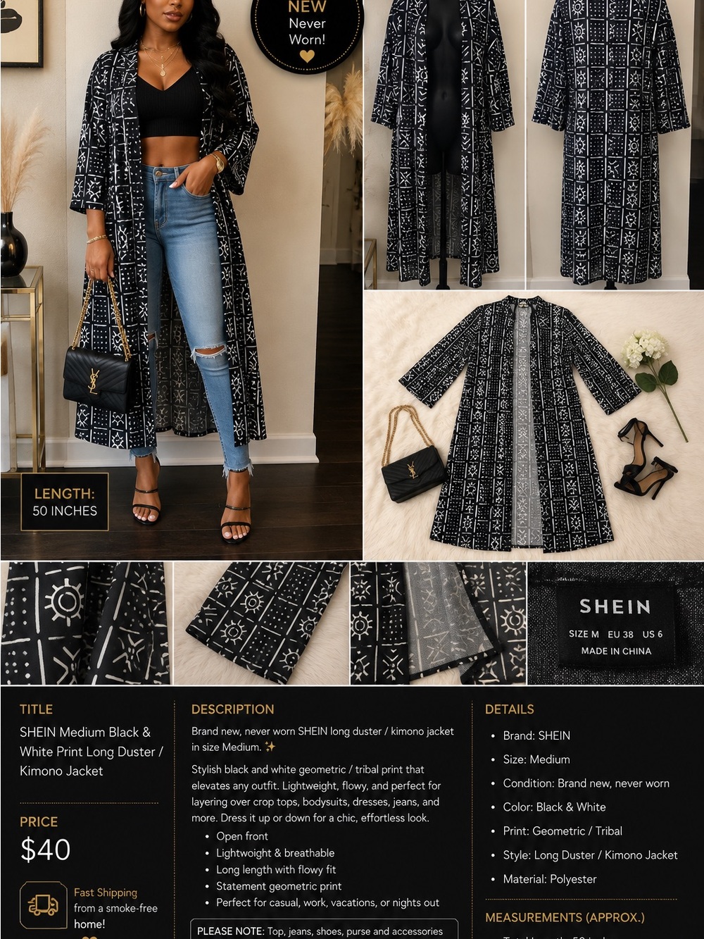 SHEIN Black & White Geometric Long Duster Kimono